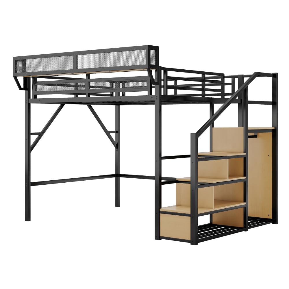 DaiNNCN Queen Size Loft Bed with Convertible Stairs and Storage Shelves, Metal Loft BedFrame with Wardrobe and Ladder for Kids,Teens,Adults, No Box Spring Needed, No Noise, Black DaiNNCN