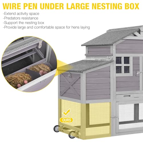Chicken Coop 65in Mobile Hen House Outdoor Wooden Poultry Cage with Wheels, Nesting Box, Leakproof Pull-on Tray and UV-Resistant Roof Panel Aivituvin