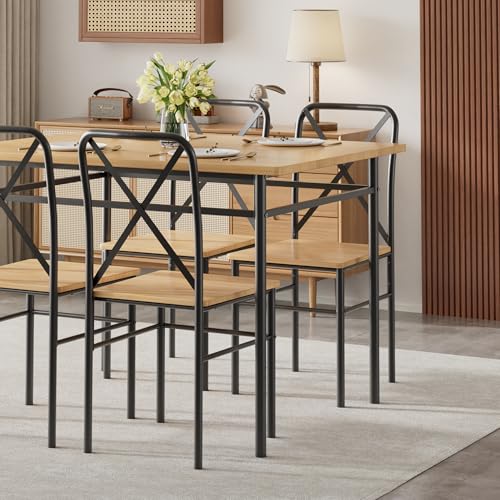 VECELO 5-Piece Kitchen Dining Table Set, Wood Tabletop & Heavy-Duty Metel Frame, Rectangle Dinette with 4 Chairs for Small Space, Breakfast Nook, Natural Black VECELO