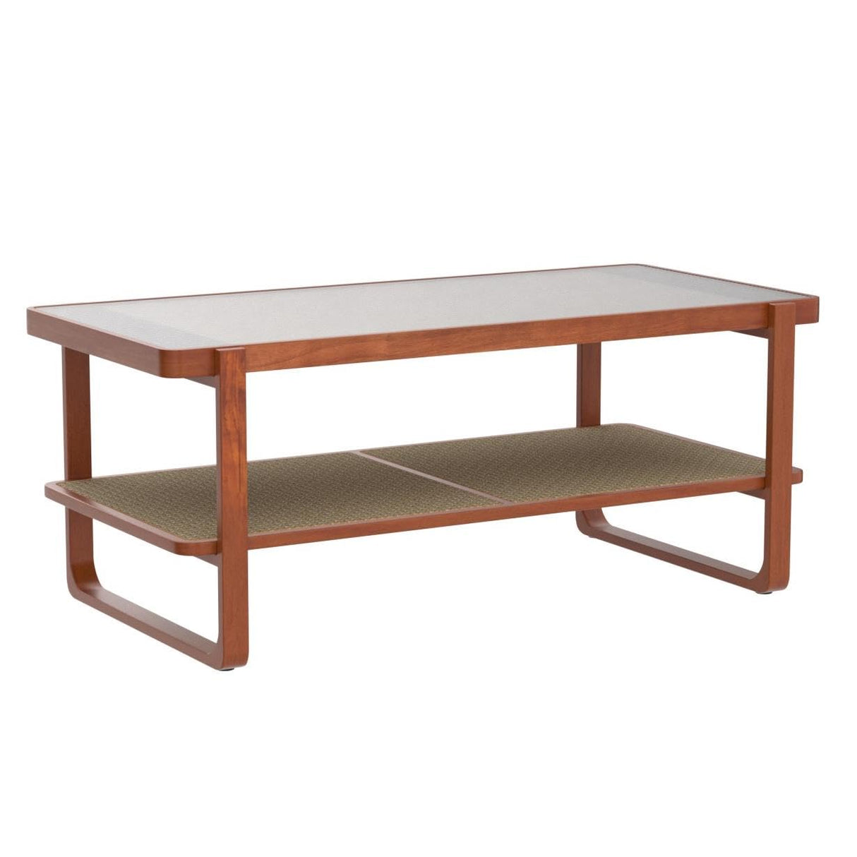 Ganooly Mid Century Modern Coffee Table with Ribbed Glass Top and PE Rattan Storage Shelf, 45 Inch Rectangular Solid Wood Boho Coffe Table, Unique Center Table for Livinig Room Apartment Small Space Ganooly