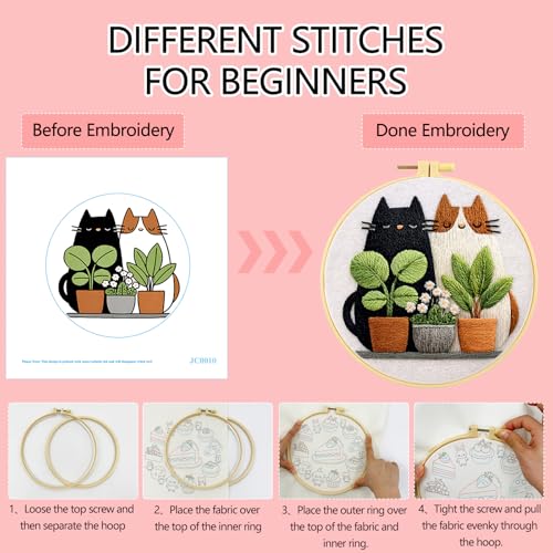 Zhenqing Cats and Potted Plants Embroidery Kit for Beginners, Pre-Printed 29x29cm Cotton Fabric with 20cm Hoop, Cute Cat Duo Design for Home Decor(JC0010)