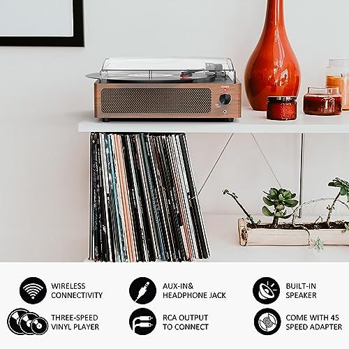WOCKODER Vintage Record Players for Vinyl with Speakers Belt-Driven Retro Turntable for Vinyl Records Support 3-Speed, Bluetooth Playback, AUX-in, Headphone, RCA All-in-on LP Vinyl Players Brown WOCKODER