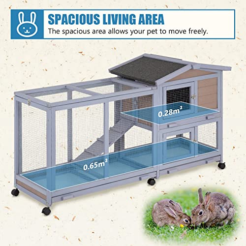 Wood Rabbit Hutch Rabbit Cage Bunny Hutch Rolling Large Bunny Cage Indoor Outdoor Two Story Guinea Pig Hutch Rabbit House with Wheels&Waterproof Roof,Grey BestPet