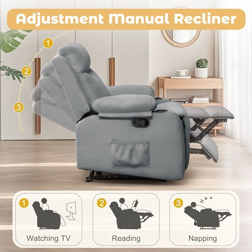 Korser Recliner Chair for Adults, Small Recliners for Small Spaces, Nursery Recliner with Adjustable Backrest, Manual Recliner with Cup Holders and Side Pockets, Chair for Living Room, Lightgrey