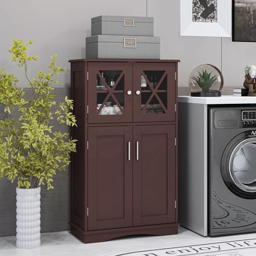 Tangkula Bathroom Storage Cabinet, Freestanding Floor Cabinet w/2 Glass Doors, 3-Level Adjustable Shelves, Anti-toppling Design, Kitchen Pantry Cupboard for Bathroom Living Room (Cabinet, Brown) Tangkula