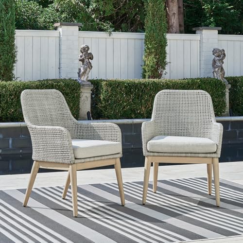 Signature Design by Ashley Seton Creek Cottage Weather Resistant Outdoor Dining Arm Chair with Cushion, Set of 2, Light Brown & Light Gray Signature Design by Ashley