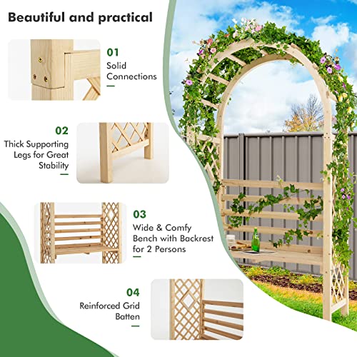 Giantex 81in Garden Arch with 2-Person Bench, Wooden Garden Arbor Archway Trellis for Climbing Plants, Outdoor Wedding Arches Patio Trellis Pergola for Ceremony Party Lawn Backyard, Load 543 lbs Giantex