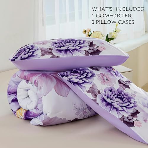 RYNGHIPY Purple Floral Comforter Set: Lightweight Soft Bedding Comforter Sets for All Season - Farmhouse Flower Bedding Set Full Size (Purple,Full Size) RYNGHIPY