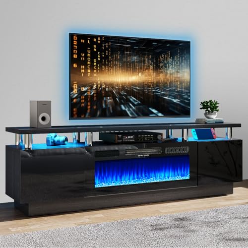 oneinmil 70" Modern Electric Fireplace TV Stand for TVs Up to 80 inch, with Electronic Flame and LED Lights, Luxury High Gloss Finish Entertainment Center, TV Console Cabinet for Living Room, Black oneinmil