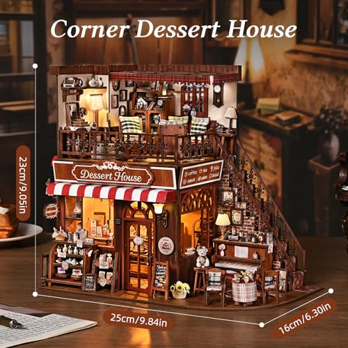 DIY Miniature House Kit, Dollhouse Fantastic Corner Shop for Adults to Build, Birthday/Christmas Day Gift for Family and Friends, Prefab Tiny Home with LED Lights,Corner Dessert House