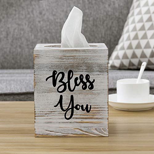 MyGift White Washed Solid Wood Square Tissue Box Cover Holder Decorative Tissue Dispenser Bath Decor with Bless You Design and Easy Refill Slide Out Bottom MyGift