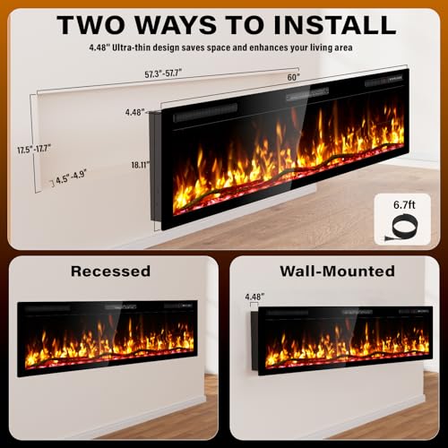 Kucreiheat 60" WiFi Electric Fireplace with Crackling Sound, Smart Linear Fire Place for Living Room, Recessed & Wall Mount Heater, 750/1500W, App & Remote Control, Timer, Log Flame Kucreiheat
