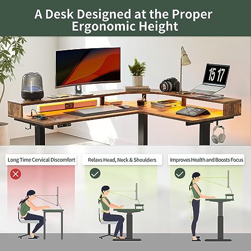 FEZIBO Triple Motor L Shaped Stadning Desk with LED Strip & Power Outrlets,63 inches Height Adjustable Stand up Corner Desk with Ergonomic Monitor Stand, Black Frame/Rustic Brown Top FEZIBO