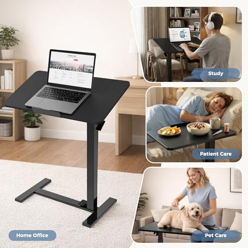 OLIXIS Mobile Standing Desk, Height-Adjustable Computer Cart with Pneumatic Lift, Portable Computer Workstation Cart for Bed, Couch, Office, Sofa, Black OLIXIS