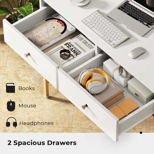 SUPERJARE 35.4" White and Gold Desk with 2 Drawers, Modern Makeup Vanity Desk with Padded Stool, Small Computer Desk Home Office Desk for Writing Study Bedroom SUPERJARE