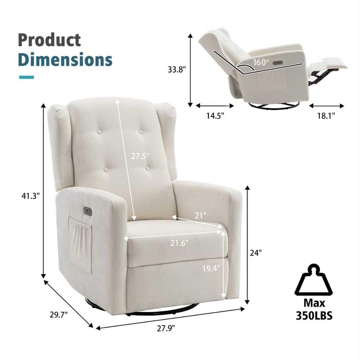 Ketaiyou Power Swivel Rocking Recliner Chair, High Back Electric Rocker Nursery Glider Chair, USB and Type-C Ports, Upholstered Fabric Reclining Single Sofa Chair for Living Room (Beige) Ketaiyou