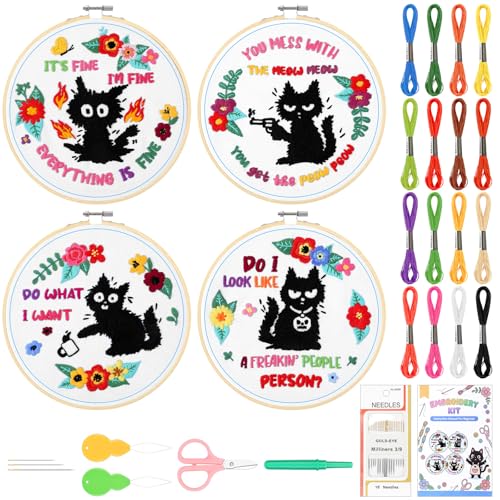 Rivvlive 4 Sets Funny Cat Embroidery Kit with Embroidery Hoop Pattern Needlepoint Kit for Beginners and Adults Needlepoint Crafts Set with Needles Thread and Instruction DIY