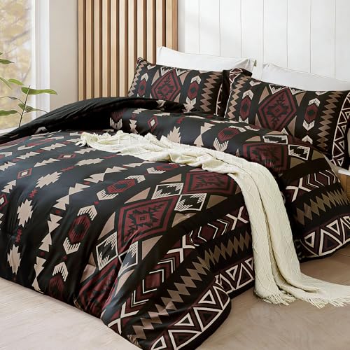 Tyrot Queen Comforter Set – 3 Piece Black Red Boho Aztec Bedding, Western Southwestern Style Comforter Sets, Soft Lightweight Comforter for All Seasons, 1 Comforter & 2 Pillow Shams Tyrot