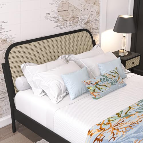 Aurelia Queen Size Bed Frame - Stylish Black Bohemian & Mid Century Modern Design with Solid Wood Support Bme