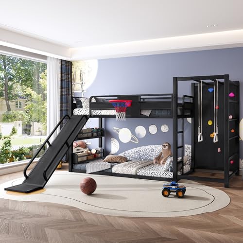SOFTSEA Twin Size Gaming Loft Bed with Slide, Heavy Duty Metal Loft Bed with Basketball Hoop, Climbing Wall & Pull Up Rings for Kids Teens Adults, No Noise, Black SOFTSEA