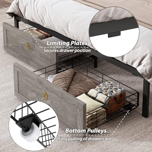 TIGUBFRE King Bed Frame with Storage Headboard, Farmhouse Wood Bed Frame King Size with 4 Drawers, LED Light & Charging Station, Metal Slats Support, Noise Free, No Box Spring Needed, Rustic Grey TIGUBFRE