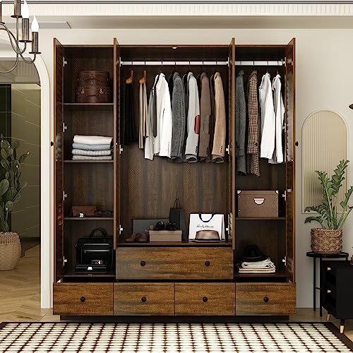 Hitow Wardrobe Armoire with 4 Louvered Doors, Wardrobe Cabinet for Hanging Clothes with 5 Drawers, Bedroom Armoire Dresser Wardrobe Clothes Organizer, Dark Walnut (59.1" W x 19.1" D x 70.5" H) Hitow