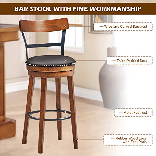 COSTWAY Bar Stools Set of 2, 360-Degree Swivel Stools with Leather Padded Seat, Single Slat Ladder Back & Solid Rubber Wood Legs, Bar Height Stools for Pub, Restaurant, Kitchen, Brown (2, 30.5) COSTWAY