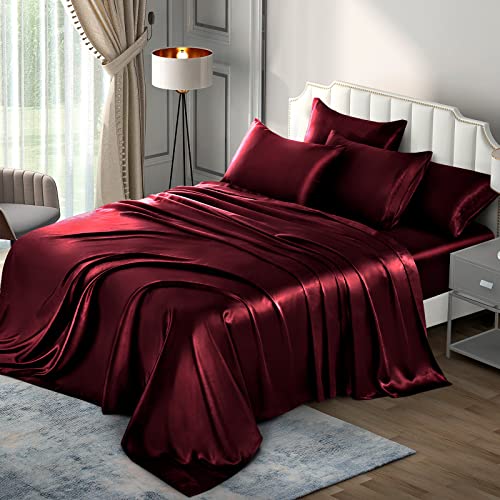 P Pothuiny 6 Pieces King Satin Sheets Luxury Silky Burgundy Satin Bedding Sheet Set, 1 Deep Pocket Fitted Sheet + 1 Flat Sheet + 4 Pillow Cases P Pothuiny