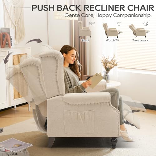 P.H.Furn Wingback Recliner Chair with Massage and Heat, Upholstered Fabric Living Room Chair Armchair with Nailhead Trim,Push Back Recliner Chair with Remote Control,Padded Cushion