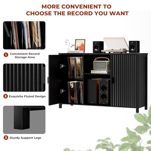 BROTTAR Large Record Player Stand with Vinyl Storage, 47" Wood Turntable Stand with Open Shelves and Fluted Doors, Vinyl Record Storage Cabinet Holds Up to 480 Albums for Music Room Living Room, Black BROTTAR