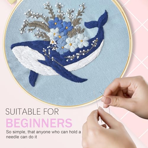 Huacan Embroidery Kit for Beginners Adults Includes Stamped Bee and Dolphin Pattern, Hoop, Color Threads,Tools,Easy to Follow Instruction