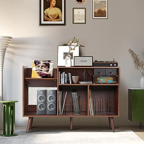 Large Record Player Stand, Mid-Century Vinyl Record Storage Table with Wood Legs and Record Storage, Modern Turntable Stand Holds Up to 300 Albums for Studio, Living Room, Bedroom (Walnut) ORRD