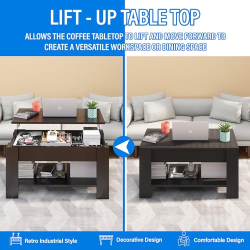 MGHH Lift Top Coffee Table with Hidden Storage Compartment & Open Shelves, 39" Rising Tabletop Table for Living Dining Room,Black MGHH