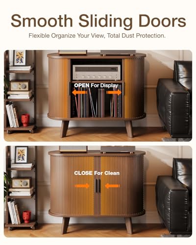 XHSSF Record Player Stand, Midcentury Modern Furniture Turntable Stand with Sliding Doors, Audio-Video Shelving Cabinet, Fluted Media Stand and TV Stand for Living Room, Bedroom (Walnut) (Medium) XHSSF