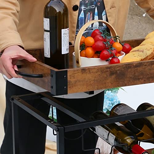 Azheruol Bar Cart Serving Wine 3 Tier Home Rolling Rack with Wheels Mobile Kitchen Industrial Vintage Style Wood Metal Serving Trolley Serving Cart,Glass Holder Bar Cabinet Azheruol
