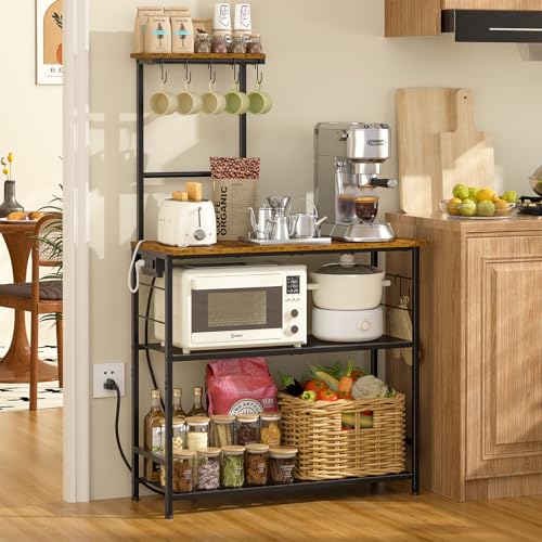 3IngSeagulls 4-Tier Bakers Rack with Power Outlet, 33 Inch Kitchen Microwave Stand with 6 S-Shaped Hooks, Coffee Bar Station with Adjustable Shelf, Rustic Brown