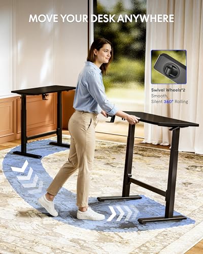FLEXISPOT H7 Plus Gas Spring Adjustable Standing Desk, Mobile Rolling Sit-Stand Table with Wheels, Cordless Stand Up Desk for Small Spaces & Home Office, 48" One-Piece Desktop Black,Height 27.6"–45" FLEXISPOT
