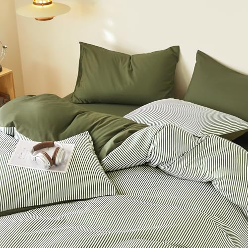 Wake In Cloud - Striped Comforter Set, Ticking Stripe Vertical Pinstripe Neutral Farmhouse Pattern Printed, Soft Lightweight Bedding, 3 Pieces, Olive Green White, King Size Wake In Cloud
