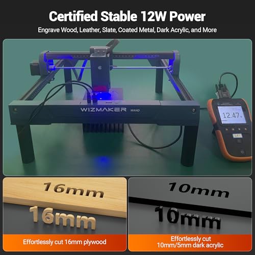 WIZMAKER Wand 12W Laser Engraver, 300×300mm High-Power Diode Laser Cutter for Wood, Leather, Paper, MDF, Felt, Coated Metals, Dark Acrylic, DIY, Small Business Projects WIZMAKER