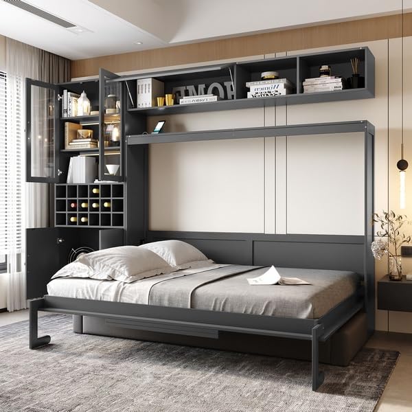 Polibi Full Size Murphy Bed with Sofa Function - Space-Saving Wall Bed, Shelves USB and Light, for Small Apartments/Studios, Gray Polibi