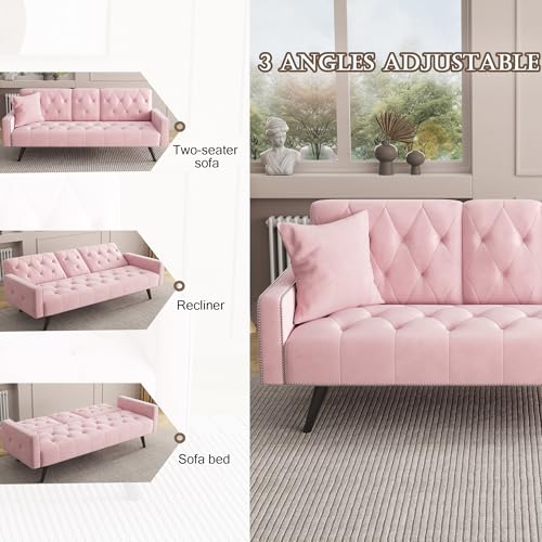 Modern Velvet 2 in 1 Futon Sofa Bed,Convertible Folding Sleeper Bed Couches with 2 Pillows,73" Tufted Recliner Love Seat with Golden Chrome Legs for Living Room Apartment Office (Pink) Anwick