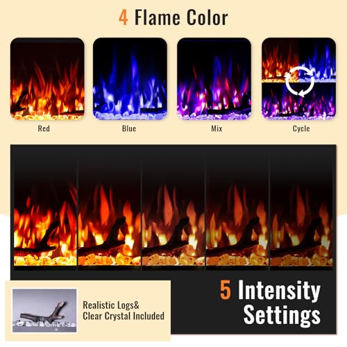70 Inch Wall Fireplace Electric with Remote Control, Recessed and Wall Mounted Electric Fireplace, with Timer, Touch Screen, Adjustable Flame Color, 750-1500W, Log & Crystal Included TUAN