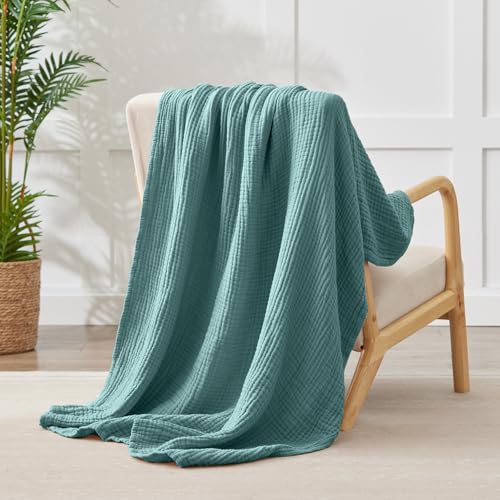 Kozyhvn 100% Cotton Muslin Blanket Twin XL 66" x 90", Breathable and Cooling Bed Blankets, Soft Boho Bedspread, Gauze Bedding for Adults All Season, Turquoise, Teal Kozyhvn