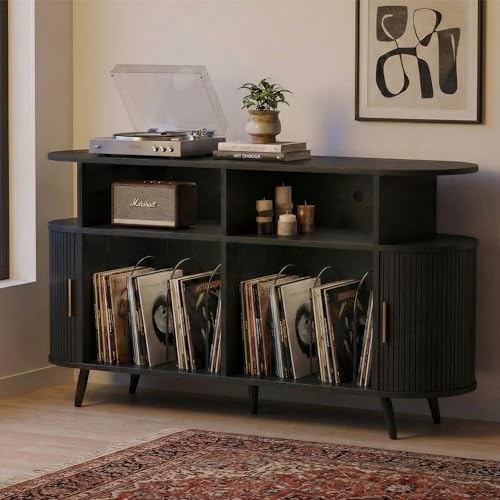 55” Mid Century Record Player Stand, Round Record Storage Cabinet with Charging Station, Turntable Stand Holds up to 300+ Albums, Large Vinyl Record Player Shelf for Media Stereo Audio, Black Quelthar