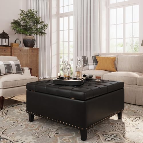 FiveWillowise Square Leather Ottoman with Storage, Faux Leather Coffee Table Ottoman with Lift Top, Large Upholstered Footrest Stool Toy Box Storage for Bedroom Living Room, Black FiveWillowise