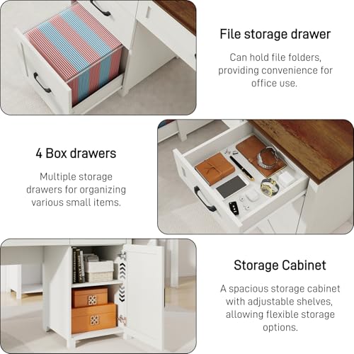 Farmhouse 67" H Executive Desk with Hutch,Office Desk with 5 Drawers, Computer Desks with Storage Cabinet & File Drawers and Charging Station, Workstation for Home Office and Study.(Unique White). Vabches