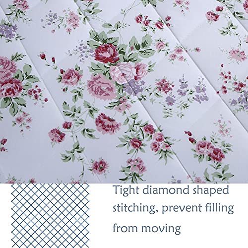 FADFAY Rose Floral Comforter Set Twin Shabby Floral Summer Quilt 100% Cotton Fabric with Soft Microfiber Inner Fill Bedding Lightweight Reversible All Season Down Alternative Duvet Insert 3Pcs, Twin FADFAY