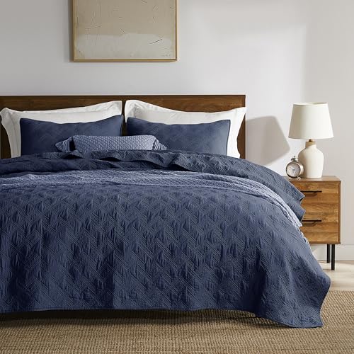 WDCOZY 100% Cotton King Size Quilt Set - Navy Blue Pre-Washed Soft Lightweight Modern Bedspread, Farmhouse Country Rustic Coverlet, Textured Like Linen, Shabby Chic Gauze Bedding, 3 Pieces WDCOZY