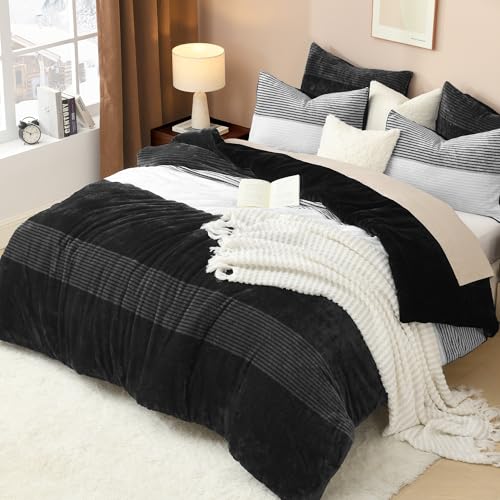 Litanika Fluffy Fleece Queen Comforter Set, Luxury Soft Plush Fuzzy Black & White Stripe Bedding Comforter Sets, Warm Shaggy Faux Fur Bed Set All Season (1 Comforter, 2 Pillowcases) Litanika