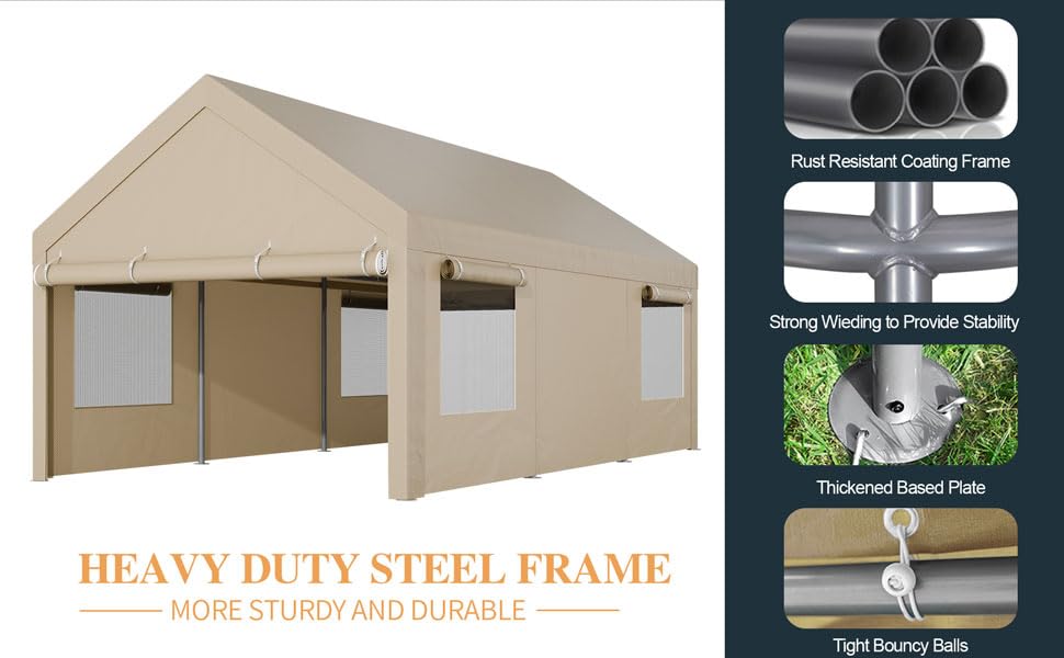 Shintenchi Carport 12' x 20' Heavy Duty Portable Garage, Car Port Canopy with Side-Opening Removable Door & Roll-Up Windows, Car Canopy for Truck,Car,Boat,Motorcycle,Khaki Shintenchi